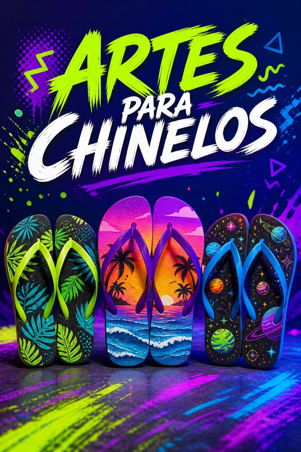 Três pares de chinelos com arte inteiramente original para o tema ARTES PARA CHINELOS.