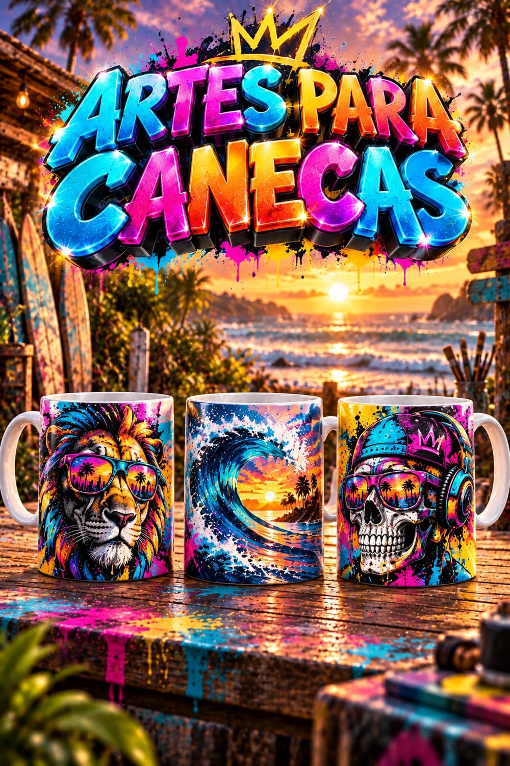 Três canecas de cerâmica com arte inteiramente original para o tema ARTES PARA CANECAS.