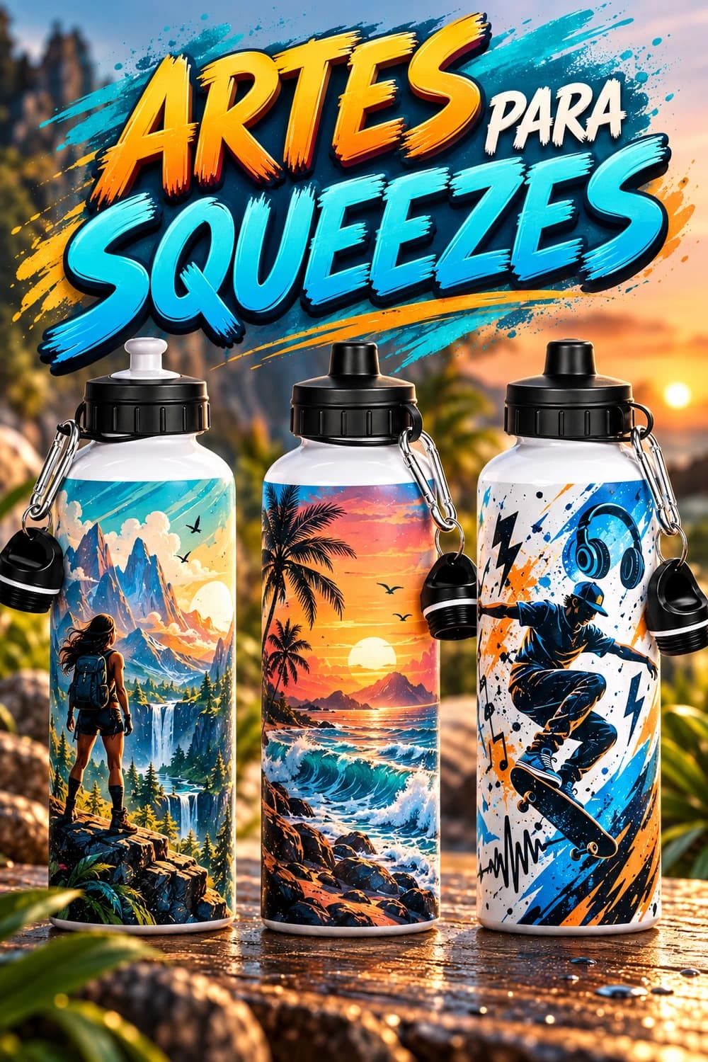 Três garrafas squeeze com arte inteiramente original para o tema ARTES PARA SQUEEZES.