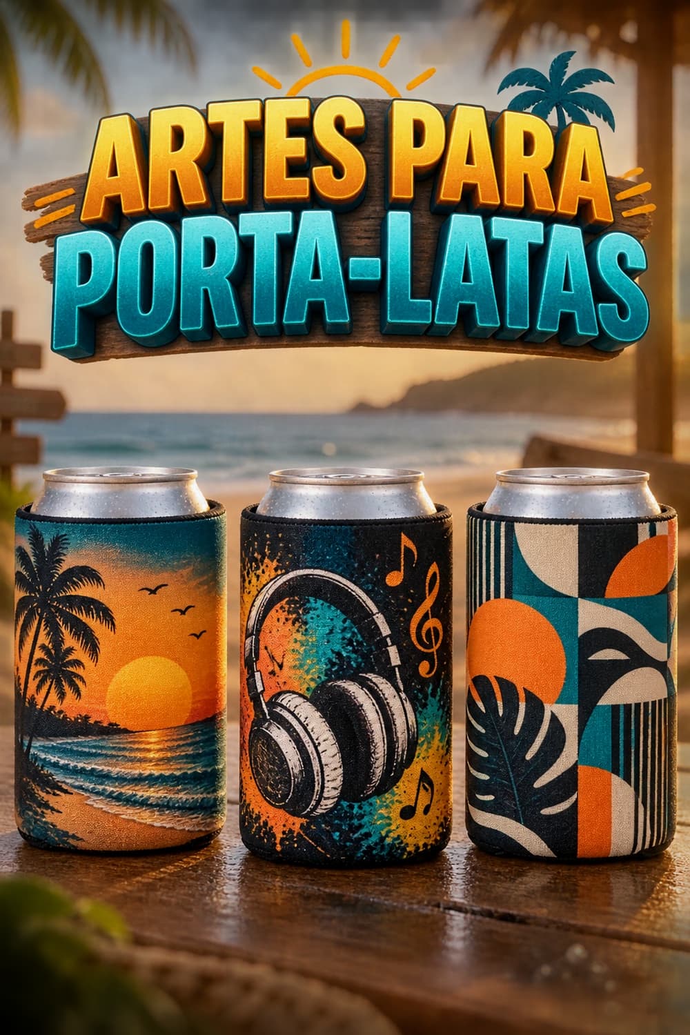 Três porta-latas térmicos com arte inteiramente original para o tema ARTES PARA PORTA-LATAS.