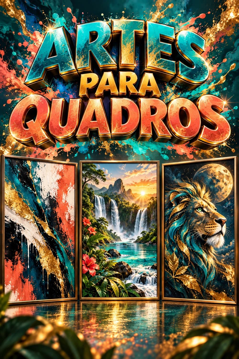 Três quadros emoldurados com arte inteiramente original para o tema ARTES PARA QUADROS.